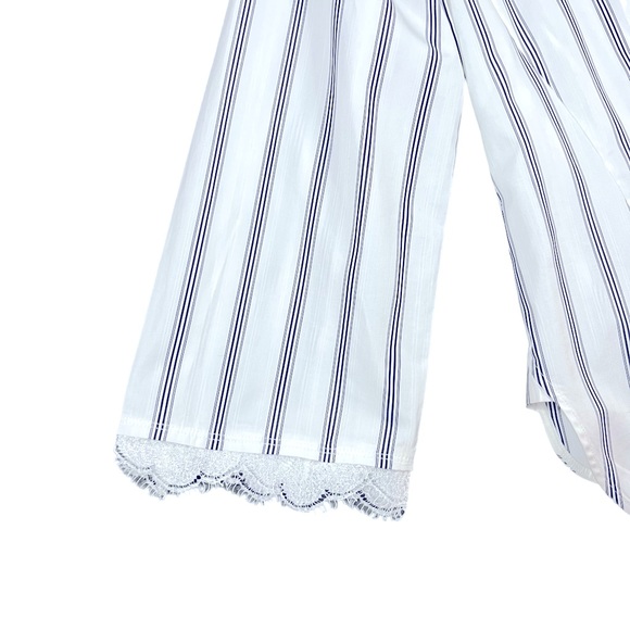 Theory Women’s Small White Blue Striped Button Up Lace Trim Blouse - Picture 6 of 9